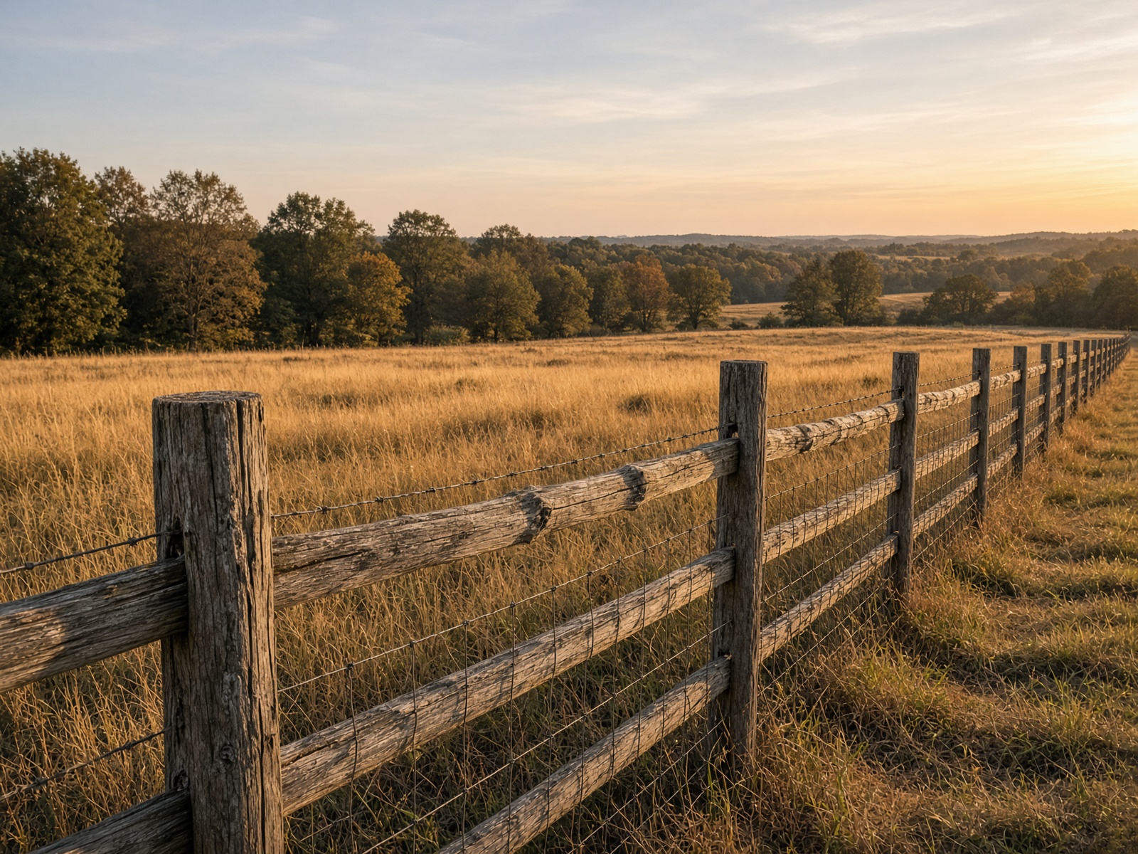 Farm fence crossing an open field.