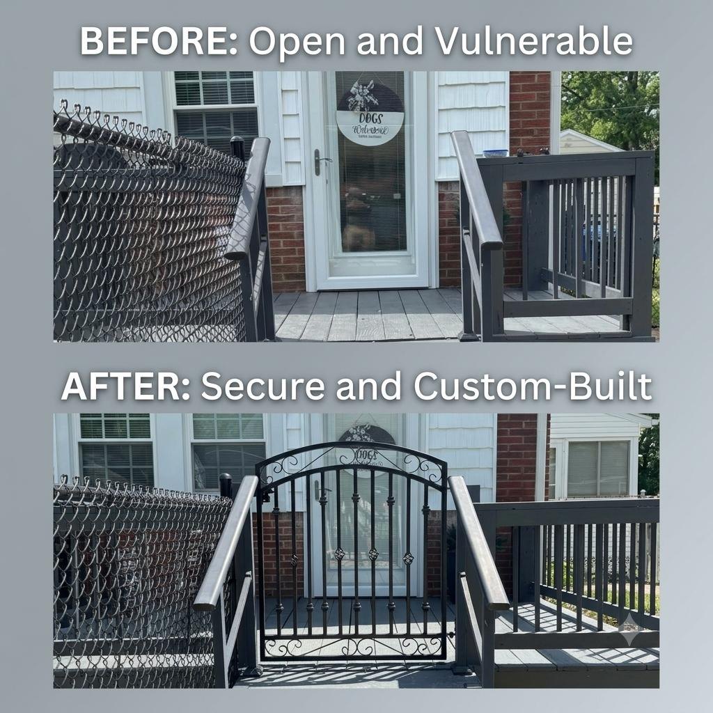 Before and after of a custom iron porch gate. Top: open chain-link and wood rails. Bottom: a black ornamental iron gate filling the porch opening.