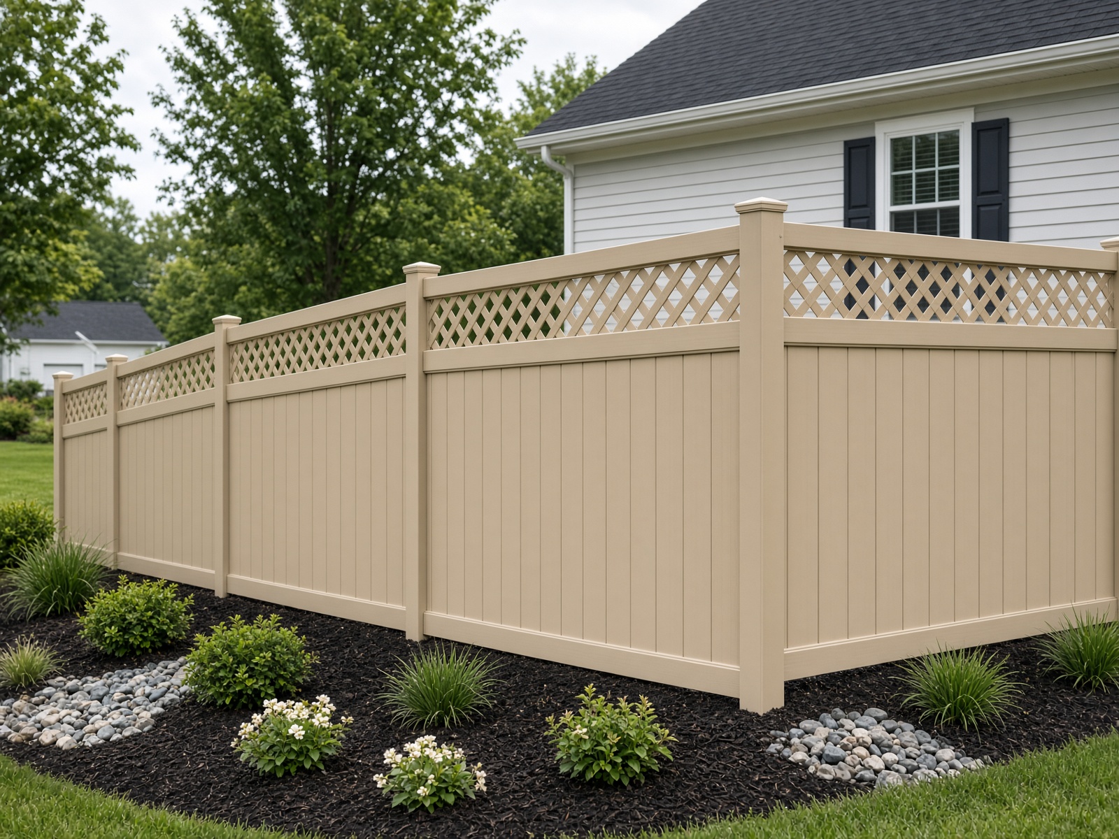 Tan vinyl privacy fence with matching caps.