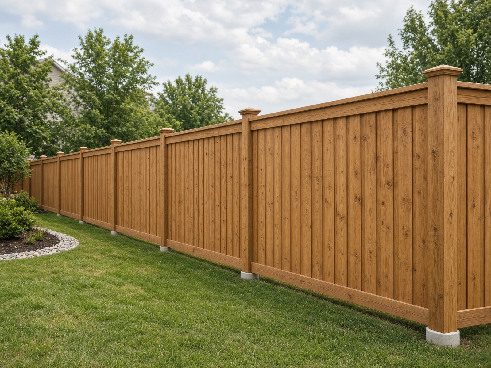 Close view of a stained wood privacy fence.
